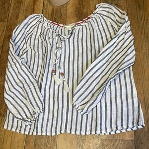 Cynthia Rowley linen top blue white stripe beachy preppy nautical tassels sz S